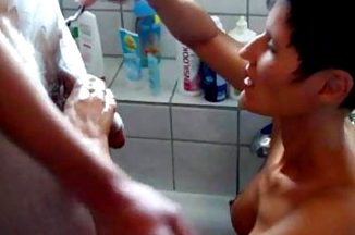 German MILF shaves and sucks younger man with huge cock STU