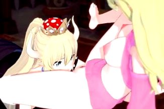 Bowsette licks Peach's pussy before tribbing. Lesbian Hentai